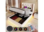 Letto Imbottito Flieks 90X200Cm Con Usb E Type-C, Letto Singolo Per Ragazzi Con Led, Letto Contenitore Idraulico Con Rete A Doghe, Cotone, Beige