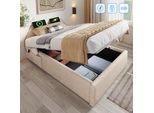 Letto Imbottito Flieks 90X200Cm Senza Testata, Letto Singolo Per Ragazzi Con Usb E Type-C, Letto Idraulico A Molle Insacchettate, Cotone, Beige