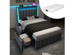 Letto Imbottito Sweiko Funzione Di Ricarica Usb Tipo C Illuminazione A Led E 2 Cassetti, Letti Per Ragazzi 90X200Cm Letto Singolo Contenitore Struttura Letto, Rete A Doghe In Legno, Grigio (Con Materasso)