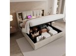Letto Imbottito Flieks 160X200Cm Con Usb E Tipo C, Letto Contenitore A Molle Idrauliche Con Rete A Doghe, Letto Matrimoniale Letto Per Ragazzi Letto In Legno, Biancheria, Beige