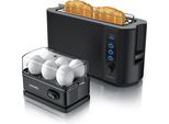 Arendo - Set Tostapane Frukost Con Cuociuova Sixcook In Acciaio Inox Nero, Tostapane 2 Fette, Display Led, 6 Livelli Di Doratura, Porta Panini - Cuociuova 1-6 Uova, Misurino