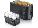 Arendo - Set Tostapane Frukost Con Cuociuova Sixcook In Acciaio Inox Nero, Tostapane 4 Fette, Display Led, 6 Gradi Di Doratura, Porta Panini - Cuociuova 1-6 Uova, Misurino