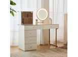 Flieks Tavolo Da Toilette Con Specchio A Led, Tavolo Da Trucco Con 5 Cassetti, Tavolo Da Toilette Con Piano In Vetro E Mobiletto, Bianco