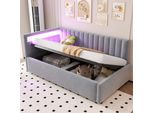 Flieks Letto Imbottito Idraulico Divano Letto 90X200Cm Con Led, Divano Con Funzione Letto, Letto Da Giorno Letto Singolo Letto In Legno Velluto, Grigio Chiaro