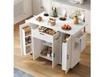 Isola Cucina Fortuna Lai Con Piano Di Lavoro Ribaltabile, Carrello Cucina Su Ruote, Armadio Cucina Con 4 Ante E 1 Cassetto, Ripiani Per Spezie Integrati Nelle Ante, Portasciugamani Doppio, Bianco, 120×45(70)×9