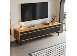 Mobile Tv Merax A 3 Ante Con Gambe In Legno, Porta Tv Con Spazio Di Archiviazione, Mobile Tv Con Ante Ad Apertura Push-To-Open, Design A Righe, Nero Naturale