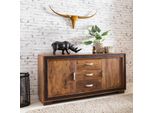 Finebuy Credenza In Legno Massiccio Di Sheesham 160 Cm 2 Porte E 3 Cassetti - Cassettiera Solida E Retrò Con Pelle - Credenza Di Design Naturale - Fatto A Mano Industriale