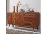 Finebuy Credenza In Legno Massiccio Di Sheesham 145 Cm 2 Porte E 3 Cassetti - Cassettiera Solida Retrò Gambe Harlem - Credenza Di Design Naturale - Fatto A Mano Industriale
