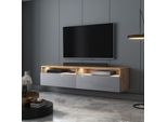 Mobile Tv Selsey Rednaw - Mobile Tv Moderno In Rovere Wotan Opaco / Grigio Lucido Con Led, A Stelo / Sospeso, Larghezza 140 Cm