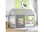 Letto Per Bambini Flieks 90X200Cm Con Protezione Anticaduta, Letto Da Terra Letto In Legno Letto Singolo Bambini, Letto Da Gioco Con Rete A Doghe, Grigio