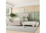 Letto Imbottito Flieks 90X200Cm Con Letto Estraibile, Letto Singolo Letto Per Ragazzi Letto Per Bambini Con Rete A Doghe, Letto In Legno Letto Funzionale Letto Da Giorno, Velluto, Beige