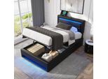 Letto Imbottito Flieks 90X190Cm Con Usb, Letto A Molle Idrauliche Con Led, Letto Contenitore Per Ragazzi Con Rete A Doghe, Letto Singolo In Legno, Pu, Nero