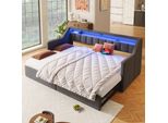 Letto Imbottito Flieks 90X200Cm Con Letto Estraibile E Cassetti, Divano Letto Daybed Con Led E Funzione Di Ricarica, Letto Singolo Daybed, Lino, Grigio