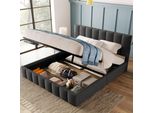 Letto Imbottito Merax 140X200Cm Con Rete E Doghe, Rete A Molle Idrauliche Letto Matrimoniale Letto Contenitore Per Biancheria, Grigio