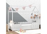 Letto Per Bambini Merax 90X200Cm Con Protezione Anticaduta E Rete A Doghe, Letto Casa Letto Gioco Letto Per Bambini Casetta Per Bambini In Legno Di Pino, Bianco