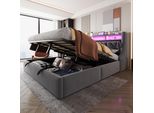 Letto Imbottito Idraulico Flieks 180X200Cm Con Funzione Di Carico, Letto Giovanile Letto Matrimoniale Con Led, Letto Contenitore Letto In Legno Con Testata Contenitore, Velluto, Grigio