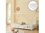 Letto Per Bambini 'Sisimiut' In Look Casa Con Materasso E Protezione Anticaduta In Legno Di Pino 90 X 200 Cm Bianco