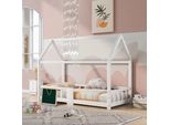 Letto Per Bambini Merax 90X200Cm Con Protezione Anticaduta E Rete A Doghe, Letto A Casetta Con Pannello E Tetto, Letto In Legno Di Pino Letto Singolo Letto Per Ragazzi, Bianco