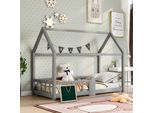 Letto Per Bambini Merax 90X200Cm Con Protezione Anticaduta E Rete A Doghe, Letto A Casetta Con Pannello E Tetto, Letto In Legno Di Pino Letto Singolo Letto Per Ragazzi, Grigio