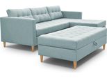 3Xdivano Angolare Living Malory - Divano Letto Moderno Con Poggiapiedi, In Azzurro, Gambe In Legno, Pouf Montabile Su Entrambi I Lati, Larghezza 220 Cm, 6 Varianti Di Colore