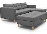 3Xdivano Angolare Living Malory - Divano Letto Moderno Con Poggiapiedi, Grigio, Gambe In Legno, Pouf Montabile Su Entrambi I Lati, Larghezza 220 Cm, 6 Varianti Di Colore