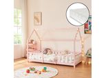 Letto Per Bambini 'Sisimiut' In Look Casa Con Materasso E Protezione Anticaduta In Legno Di Pino 90 X 200 Cm Rosa / Bianco