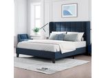 Letto Imbottito Merax 140X200Cm Con Rete A Doghe E Testata Imbottita, Letto Matrimoniale Giovanile In Lino, Blu