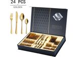 Topchances Set Di Posate Da 24 Pezzi, Set Di Posate In Acciaio Inox Con Confezione Regalo, Forchette Cucchiai Cucchiaini Coltelli Da Bistecca Per 6 Persone, Set Di Posate Per Casa Cucina Ristorante, Oro