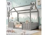 Letto Per Bambini Merax 90X200Cm Con Protezione Anticaduta E Rete A Doghe, Letto Casa Letto Gioco Letto Casa Per Bambini In Legno Di Pino, Grigio