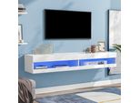 Merax Tv Lowboard Bianco Lucido Mobile Tv Con Illuminazione Led, Tavolo Tv Con 16 Colori Incl. Telecomando, Appeso/Appeso, 140 Cm