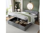 Letto Imbottito Flieks 140X200Cm, Letto Contenitore Con Contenitore E Rete A Doghe, Letto Matrimoniale In Velluto Letto Funzionale In Legno, Grigio