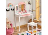 Costway Tavolino Da Toilette Per Bambini Con Sgabello, Tavolino Da Toilette Per Principesse Con Cassetto E Specchio Pieghevole A 3 Ante, Tavolino Da Toilette Rosa Bianco, Tavolino Da Trucco Per Ragazze