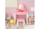 Costway Tavolino Da Toilette Per Bambini Con Sgabello, Tavolino Da Toilette Per Principesse Con 3 Cassetti E Specchio Girevole A 360°, Tavolino Da Toilette Rosa, Tavolino Da Trucco Per Ragazze