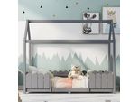 Letto Per Bambini Flieks Letto Casa 90X200Cm Letto Per Bambini Con Protezione Anticaduta E Rete A Doghe, Letto Da Terra Letto In Legno Di Pino, Grigio