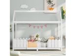 Letto Per Bambini Flieks Letto Casa 90X200Cm Letto Per Bambini Con Protezione Anticaduta E Rete A Doghe, Letto A Terra Letto In Legno Di Pino, Bianco