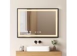 Emke Specchio Da Bagno Specchio Led 50X70Cm Specchio Da Bagno Illuminato Con Cornice Nera Interruttore A Sfioramento, Antiappannamento E Funzione Orologio