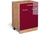 Vicco Mobiletto Base Per Cucina R-Line, 60 Cm Con Cassetto, Senza Piano Di Lavoro, Rosso Lucido/Quercia Dorata
