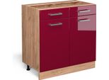 Vicco Mobiletto Base Per Cucina R-Line, 80 Cm Senza Piano Di Lavoro, Rosso Lucido/Quercia Dorata