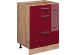 Vicco Mobiletto Base Per Cucina R-Line, 60 Cm Con Cassetti, Senza Piano Di Lavoro, Rosso Lucido/Quercia Dorata