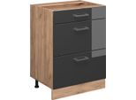 Vicco Mobiletto Base Per Cucina R-Line, 60 Cm Con Cassetti, Senza Piano Di Lavoro, Antracite Lucido/Quercia Dorata