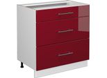 Vicco Mobiletto Base Per Cucina Fame-Line, 80 Cm Con 3 Cassetti, Senza Piano Di Lavoro, Rosso Bordeaux Lucido/Bianco