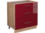 Vicco Mobiletto Base Per Cucina Fame-Line, 80 Cm Con 3 Cassetti, Senza Piano Di Lavoro, Rosso Bordeaux Lucido/Quercia Dorata