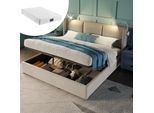 Letto Imbottito Sweiko Letto Matrimoniale Con Luce Di Lettura E Funzione Di Ricarica Usb, Letto Contenitore Con Testiera E Rete A Doghe In Pelle Finta Beige 160X200Cm (Con Materasso)