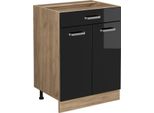 Vicco Mobiletto Base Per Cucina R-Line, 60 Cm Con Cassetto, Senza Piano Di Lavoro, Nero Lucido/Quercia Dorata