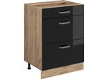 Vicco Mobiletto Base Per Cucina R-Line, 60 Cm Con Cassetti, Senza Piano Di Lavoro, Nero Lucido/Quercia Dorata