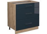 Vicco Mobiletto Base Per Cucina Fame-Line, 80 Cm Con 3 Cassetti, Senza Piano Di Lavoro, Blu Scuro Lucido/Quercia Dorata