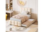 Letto Imbottito Flieks 90X200Cm Con Letto Estraibile, Letto Per Ragazzi Letto Per Bambini Con Rete A Doghe, Letto Singolo Letto Per Ospiti Letto Funzionale Letto In Legno, Lino, Beige