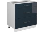Vicco Mobiletto Base Per Cucina Fame-Line, 80 Cm Con 3 Cassetti, Senza Piano Di Lavoro, Blu Scuro Lucido/Bianco