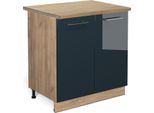 Vicco Mobiletto Base Cucina Fame-Line, 80 Cm Con Ripiano, Pl Rovere, Blu Scuro Lucido/Quercia Dorata