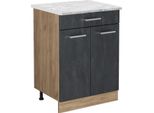 Vicco Mobiletto Base Per Cucina R-Line, 60 Cm Pl Marmo, Calcestruzzo Nero/Quercia Dorata